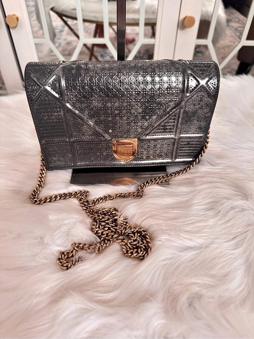 Christian Dior Diorama Wallet on Chain Gray Shoulder Bag
